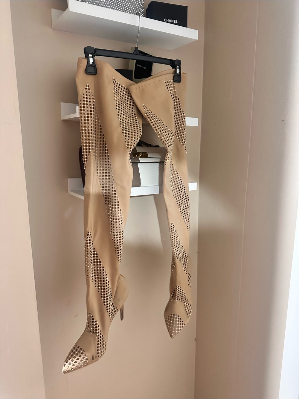 Studded Beige Cutout Thigh-High Boots